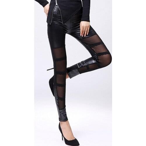 Legins Punk Gothic Fashion Women Leggings Sexy PU Leather Stitching Embroidery Hollow Lace Legging Jeggings For Women Leggins
