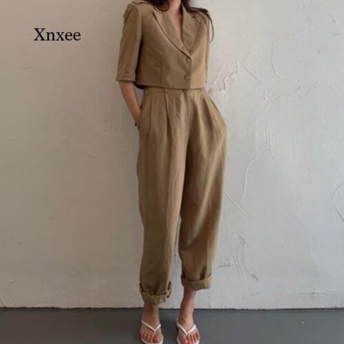 2021 Suit 2 Piece Setsautumn Woman Ankle-Length Wide Leg Pants High Waist Casual Buttons Pockets New Summer Office Lady Outfit