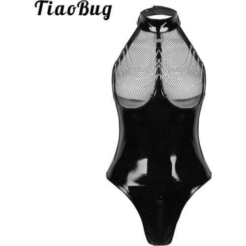 TiaoBug Patent Leather Sexy Bodysuit One-piece Swimsuit Women Sleeveless Fishnet Bust Monokini Halter Zipper Open Crotch Leotard