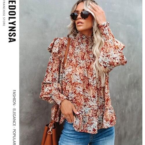New 2020 Elegant Turtleneck Romantic Small Floral Female Top Vintage Sweet blouse women pleat lantern sleeve Ladies Top Y30
