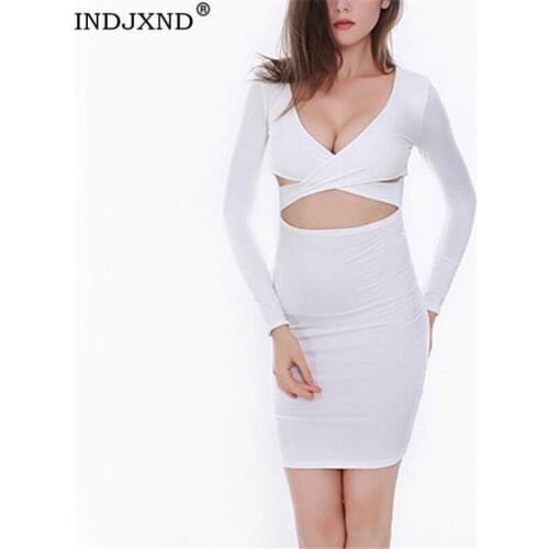 INDJXND Low-Cut Women Pencil Dress Long Sleeve Lace-Up Bandage Club Party Vestido Ladies Deep V-Neck Plus Size Ruched Clothes