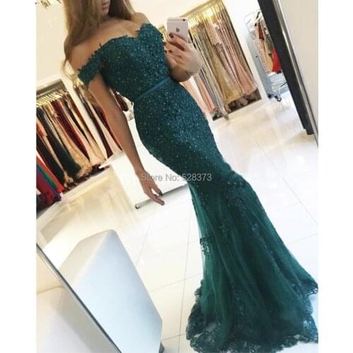 YNQNFS PD2 Vestido de Festa Longo Beaded Lace Appliqued Emerald Green Prom Dresses Off the Shoulder Real Photos