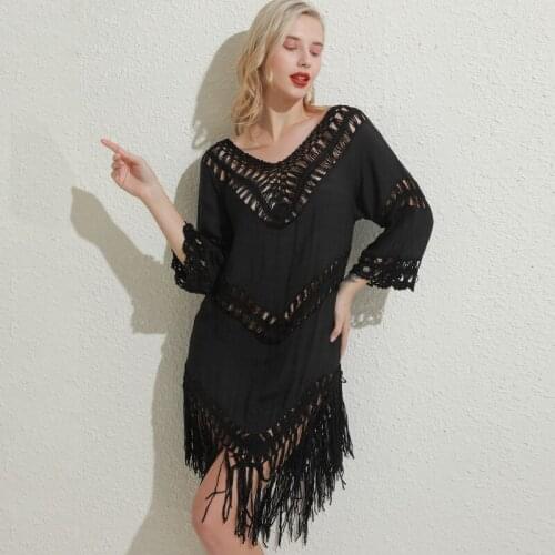 2021 Women Beach Dress Female Sexy Tassel Cover Ups Tunic Beachwear Hollow Out Skirt Black Backless New Summer Swimwear