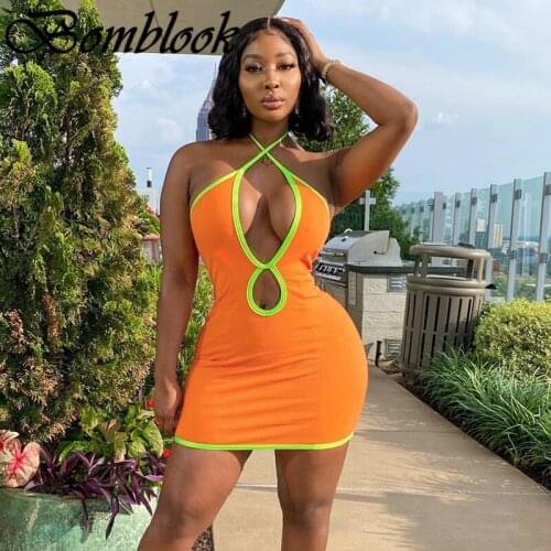 Bomblook Casual Fashion Bodycon Summer Womens Dress 2021 Halter Cut Out Backless Mixi Dress Female Sexy Streetwears