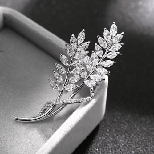 Zhijia silver color crystal rhinestone leaf pins brooches for women dress party jewelry accessories