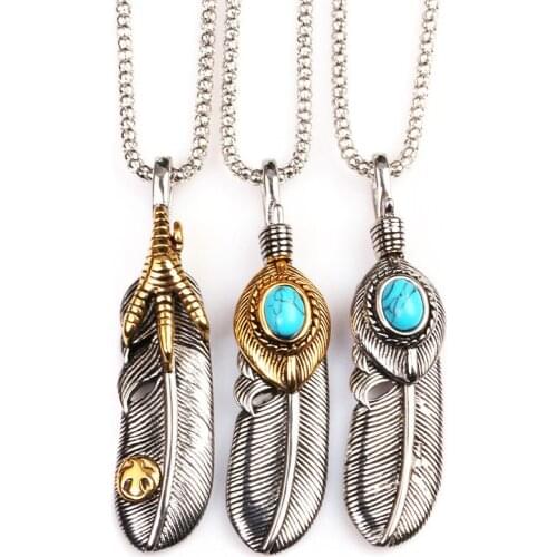 2019 Vintage Bohemia Fashion Jewelry Feather Pendant Necklace Ethnic Style Green Stone Gold Claw Charm Necklace For Women men