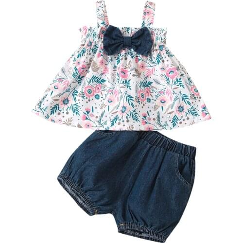2021 0-3Y Children Girl Clothing Summer Sweet Style Floral Plant Printing Sleeveless Suspender Top Bow Blouse+Denim Shorts Set