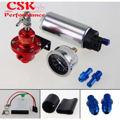 255 LPH EFI Fuel Injection Pump/Tank +140 PSI Pressure Regulator+Oil Gauge Kit Black/Blue/Red