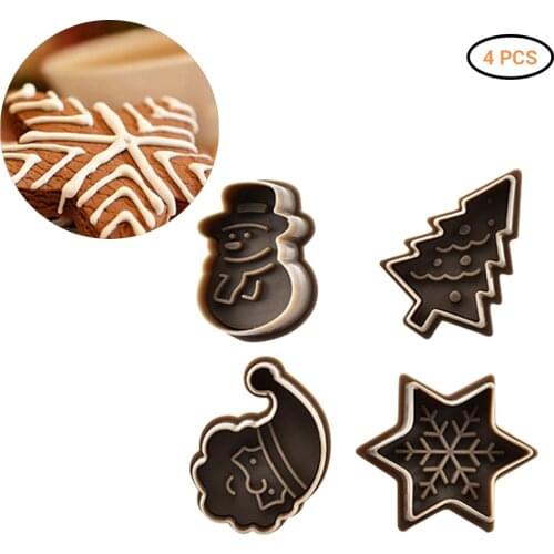 4Pcs Cookie Cutter Embossing Mold Set Christmas Themed Cute Cookies Cutter Pastry Plunger Fondant Cake Decorating Tools