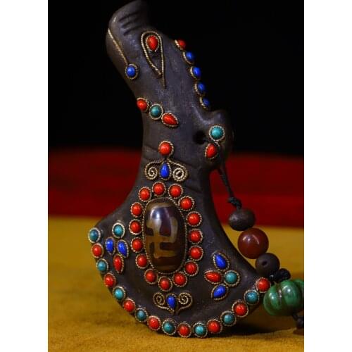 4"Tibet Temple Collection Old Natural meteorite Filigree mosaic gem Dzi Bead Beast Head Artifact Pendant amulet Town House