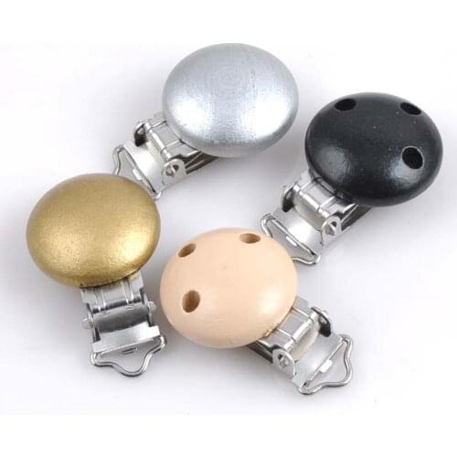 5PCs Gold and Silver Painted Baby Pacifier Clips Round Wood Charms For Hamemake DIY Craft 30x45mm MT0946X