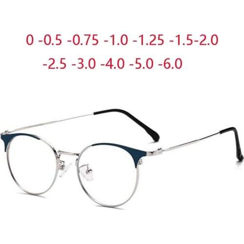Anti-blue Light Cat Eye Optical Spectacle Women Men Retro Metal Round Prescription Eyeglasses SPH 0 -0.5 -0.75 -1.0 To -6.0