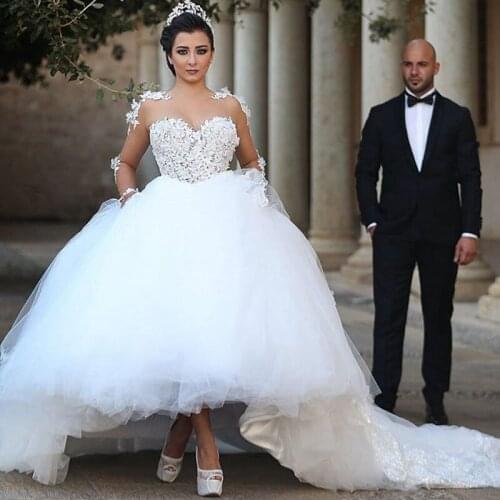 Ball Gown Sheer Long Sleeves Appliques Wedding Dresses Cathedral Royal Custom Made Bridal Bride Gown