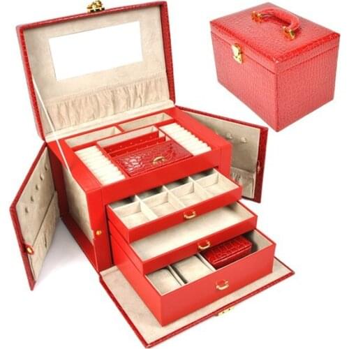Free shipping Luxurious leather PU large 4 layers space jewelry box ,earrings necklaces pendants display box wedding gifts. red