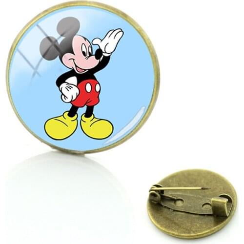 Disney Cute Mickey Mouse Retro Brooch Ladies Glass Cabochon Dome Art Figure Piece Pin Suit Sweater Jewelry Badge