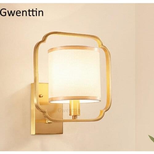 Chinese Style Copper Gold Wall Lamp Fabric Lampshde Wall Light Fixtures Led Sconce Vintage Mirror Lights Bedroom Home Art Decor