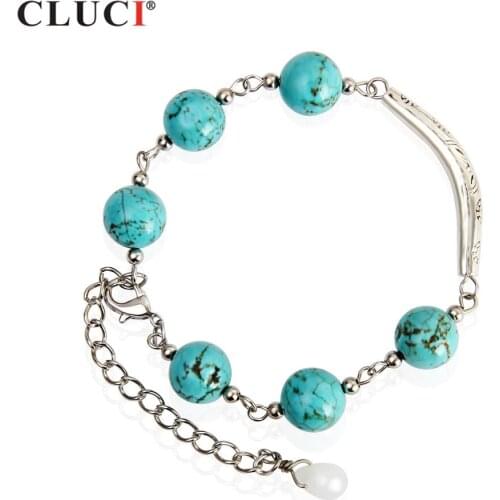 CLUCI Classic Silver Plated 10mm size Turquoise Bracelet can adjustable Charm Shell pearl Bracelets & Bangles QB001SB