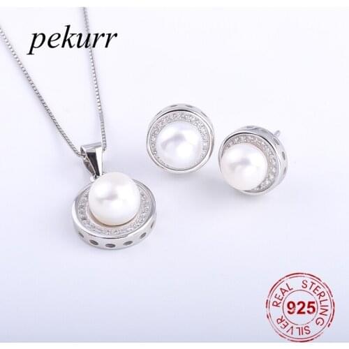 Pekurr 925 Sterling Silver Zircon Ring Loop Big Freshwater Natural Pearl Earrings Necklace Sets For Women Round Pendant Jewelry