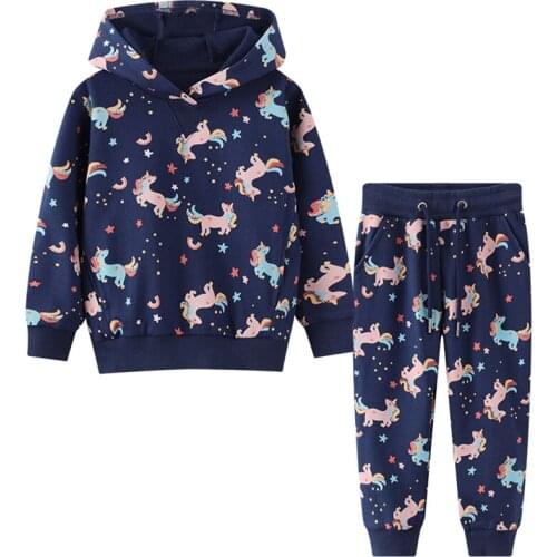 Jumping meters Hoodiess Girls Navy Blue Clothing Sets with Color Unicorn Pattern Autumn Long Sleeves Trousers Cute Pant 2-8years