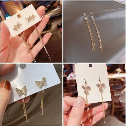 2020 new rhinestone butterfly flower earrings Korean temperament long tassel earrings show face thin earrings women