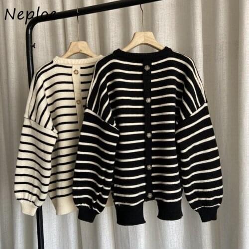 Neploe Loose Crazy Style Striped Fashion Knit Sweater Pullovers O Neck Long Sleeve Single Breast Pull Femme tops Spring Sueter