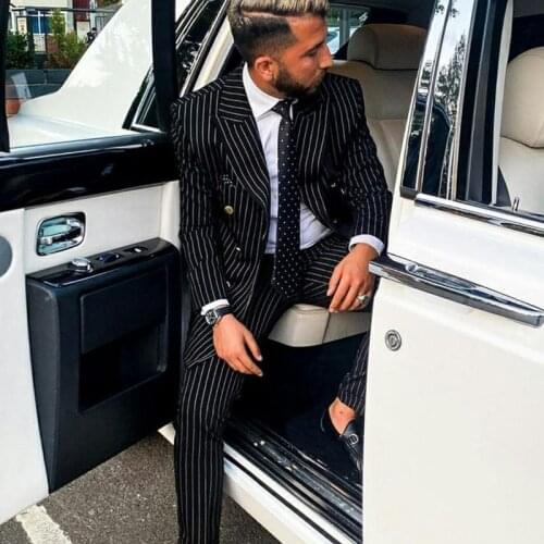 2021 Formal Black Striped Business Men Suit Slim Fit Custom Made Wedding Suits for Men 2 Piece Double Breasted Groom Prom Tuxedo