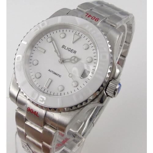 Bliger 40mm Japan NH35/NH35A/Miyota 8215 Automatic Movement White Mens Watch Date Cyclops Sapphire Glass 904L Steel Bracelet