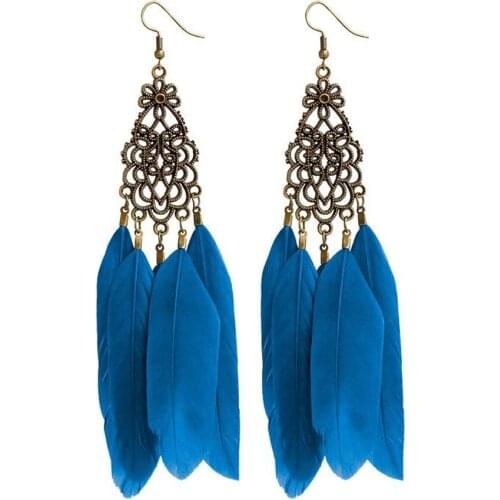 New Bohemian Ladies Long Blue Feather Geometric Pendant Tassel Earrings Retro Ethnic Style Hanging Earrings Party Jewelry