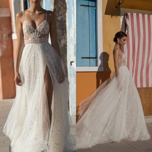 Gali Karten Beach Wedding Dresses 2021 Side Split Spaghetti Illusion Tulle Boho Gowns Sweep Train Pearls Backless