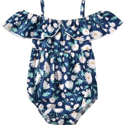 Baby Girl’s Casual Suspender Romper Fashion Little Daisy Print Ruffles Off-shoulder Triangle Jumpsuits