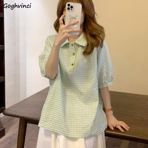 Shirts Women Turn Down Collar Harajuku Basic All-match Streetwear Summer Female Blusas Temperament Casual Plaid Lovely Girls Hot