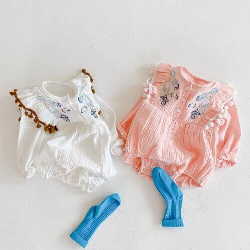 Spring Summer Newborn Baby Girls Romper Cute Tassel Design Bodysuit for Girl Vintage Flower Embroidery Long Sleeve Jumpsuit
