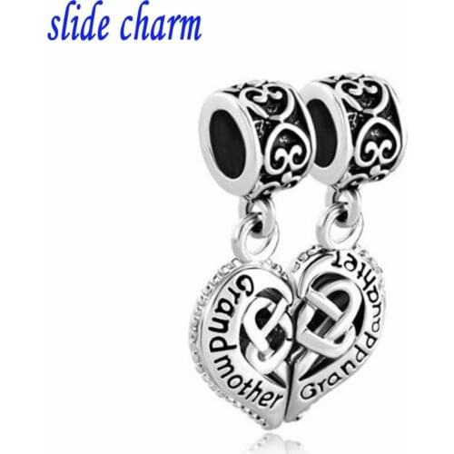 Slide charm Free shipping Children gift grandmother and granddaughter pendant amulet charm beads fit Pandora bracelet