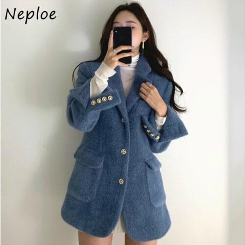Neploe Double Pockets Warm Coats Women Korean Chic Notched Collar Straight Jackets Autumn Winter Vintage Single Breasted Tops