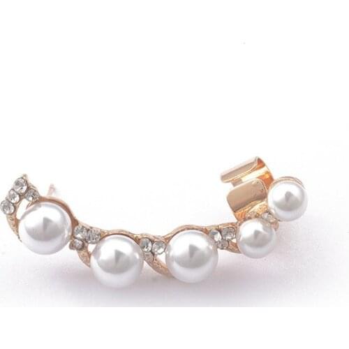 Sweet White Simulated Pearl Beads Ear Cuff Oversize Full Clear Shiny Crystal Twinkling Golden Silver Plated Clip Earrings Women