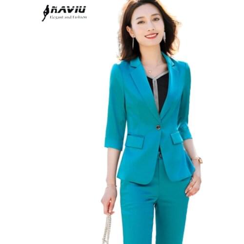 Blue Pants Suit Women 2020 Fashion Temperament Summer Business Slim Half Sleeve Blazer and Trousers Office Ladies Work Wear