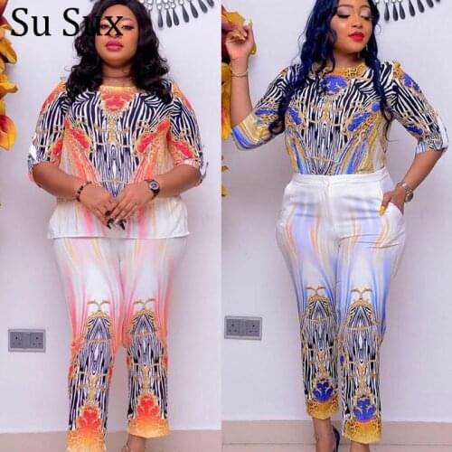 Plus Size Suit 2 Piece Set African Clothes Tracksuit Women Casual Print O Neck Top and Long Pants Sets Outfits Vestidos 2021