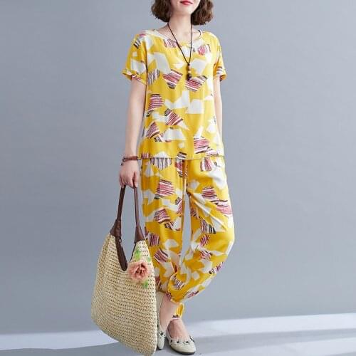 Vintage Women Clothes Set 2021 New Arrival Loose Tops Harem pants Print Floral Thin Soft Cotton Satin Two Piece Casual Set Suits
