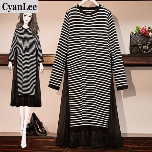 Cyanlee plus size women striped knitted long dresses for women mesh patchwork korean dresses pullover long sleeve autumn dress