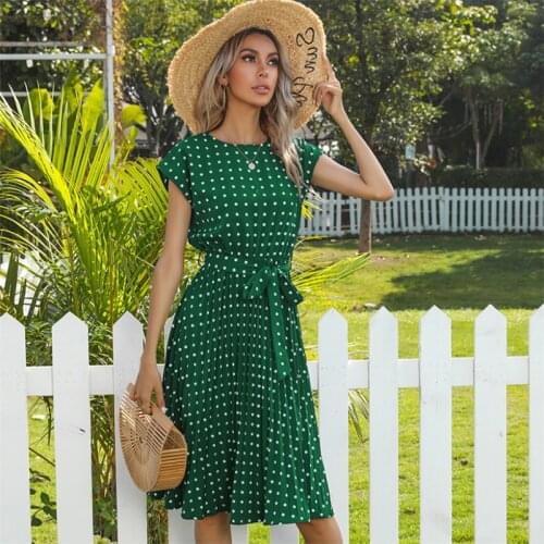 2021 New Summer Mid-length Elegant Dress Women Drawstring Round Neck A-Line Pleated Vestidos Lady Polka Dots Evening Party Dress