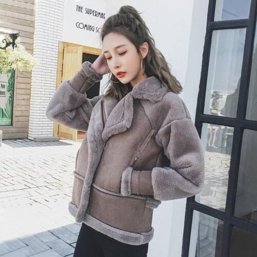 Winter Korean thickening rabbit fur plus long sleeve fleece motorcycle jacket female deerskin loose coat tide