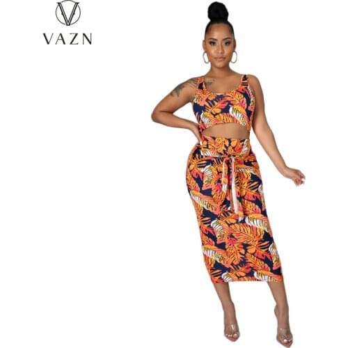 VAZN 2021 INS Bohemian High Quality Retro Print Sexy Beach Mini Tank Top Midi Pencil Skirts Slim Women 2 Piece Set