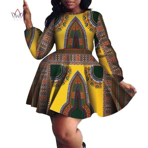 2021 Dashiki African Dresses for Women Bazin Riche Ankara Print Knee-length Long Sleeve Dresses Women African Clothing WY4546