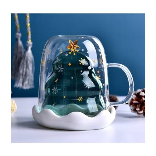 300ml Christmas Tree Cup Double Wall Glass Cup with Silicon Lid Tea Glass Juice Espresso Coffee Cup Christmas Gift Wine Glass