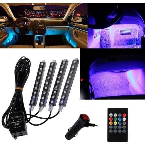 4pcs LED Light Bar Car Interior Decoration Lights Music Atmosphere LED Strip Light Remote Control Cigarette Lighter Indoor Floor