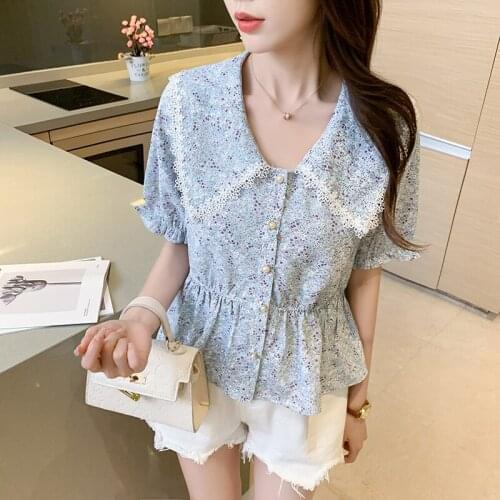 Blouses Femme Ruffles Hem Puff Sleeve Ladies Crop Top Lace Lapel Button Up Girls Blouse Kawaii Korean Vintage Floral Tops Shirt