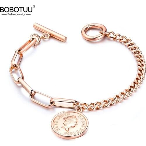 BOBOTUU Retro Avatar Round Tag Charm Bracelet Elizabeth Coin Jewelry Titanium Steel Rose Gold Womens Bracelet BB18101