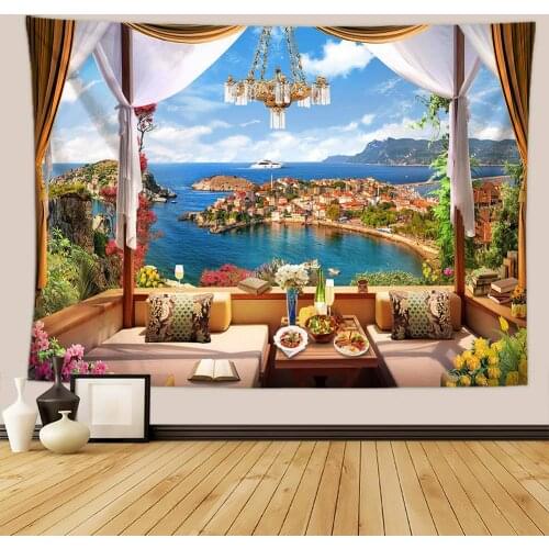 Bohemian Village Vacation Hippie Tapestry Wall Hanging Sea Beach Tree Landscape Room Decoration Mandala Fabric Wall Decor Carpet