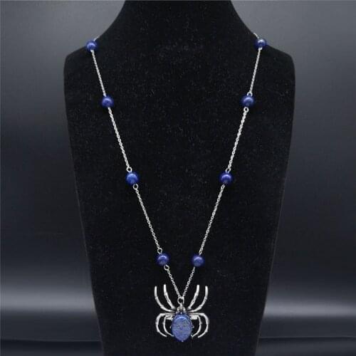 Spider Natural Stone Stainless Steel Beads Necklaces Pendants Women Blue Color Long Statement Necklace Jewelry cadena NF10S04