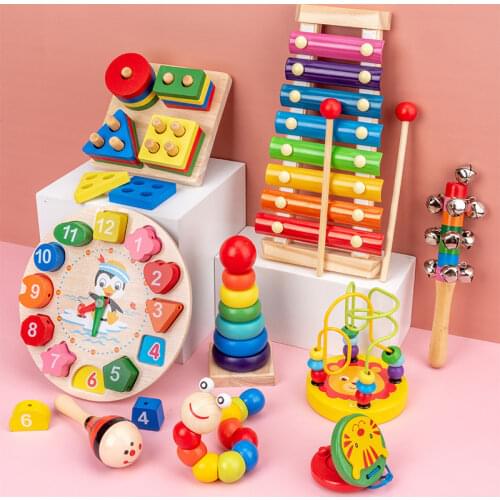 Montessori Educational Toys Wooden Blocks Wooden Rainbow Music Rattles Sand Hammer Wood Puzzle Game Math Toys For Children